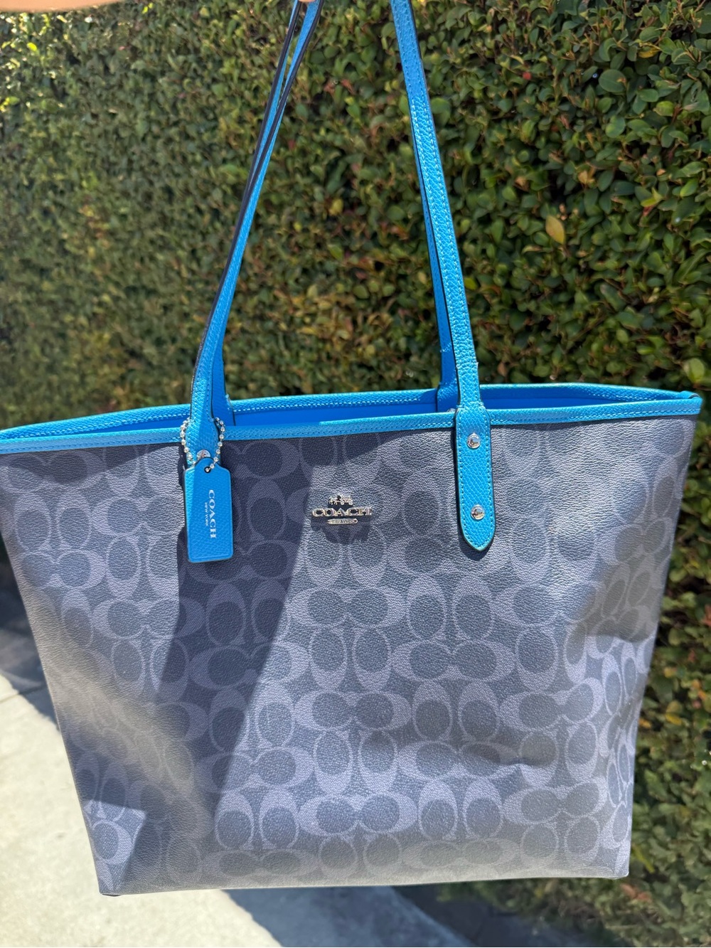 Reversible Coach Gray Signature Tote with Bright Blue Trim